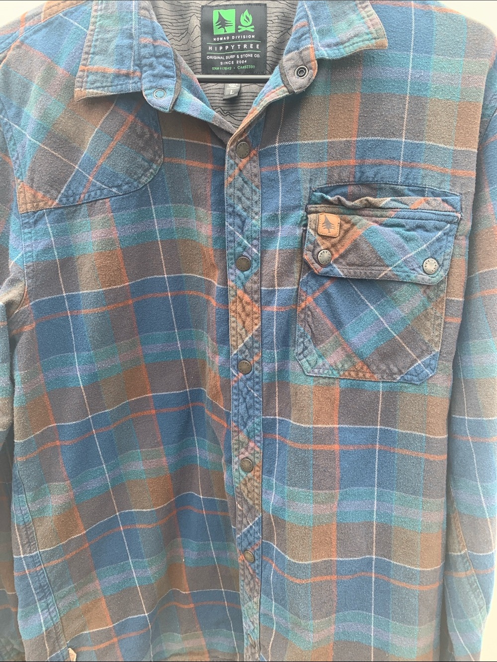 Hippytree  Nomad Division Snap front Blue & Brown Plaid Flannel Shirt Mens L